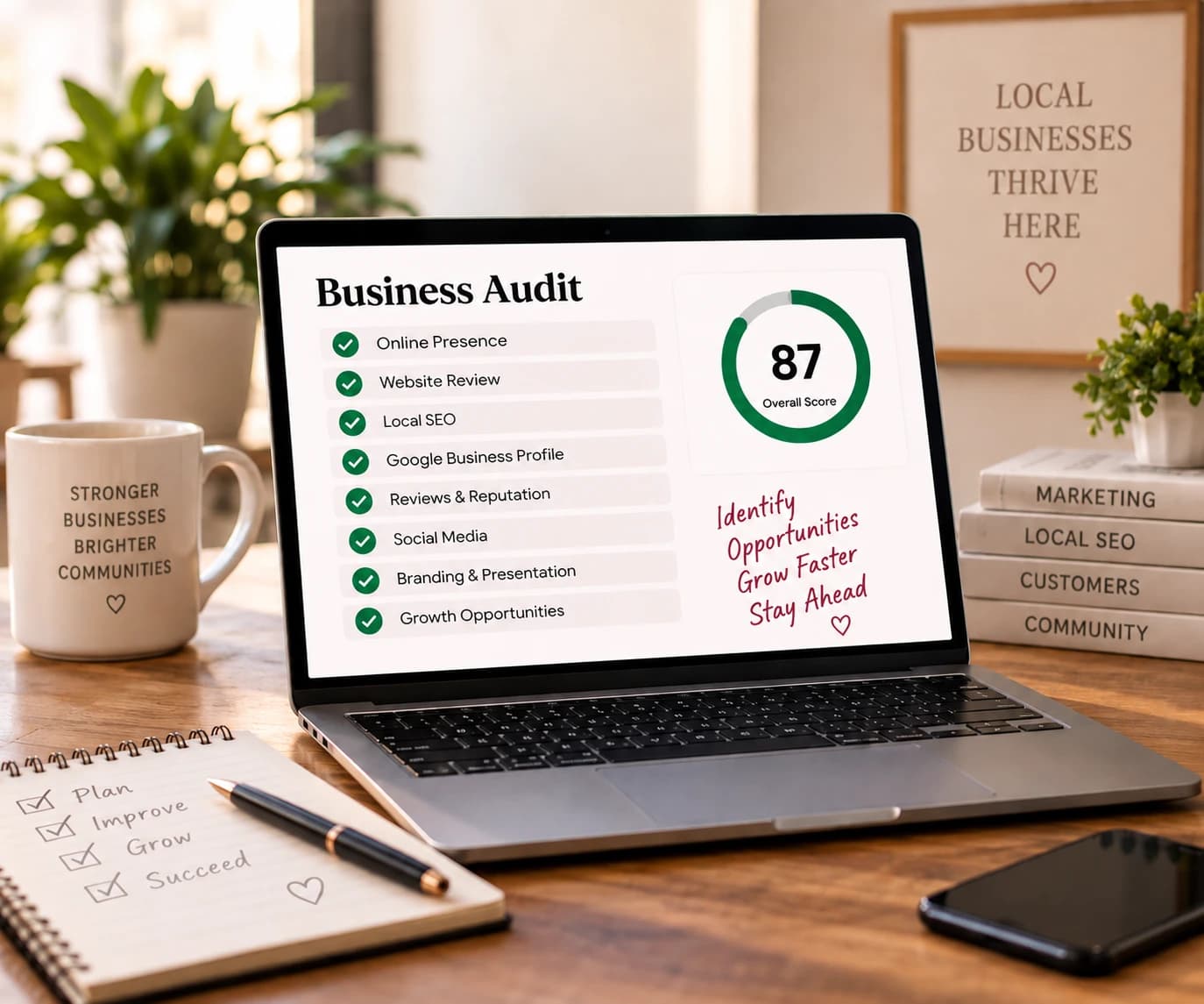 Business audit dashboard reviewing a local business's online presence