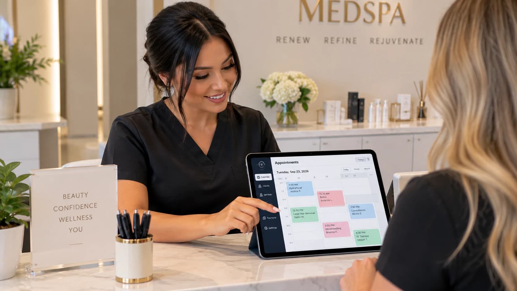 A salon receptionist using booking software on a tablet