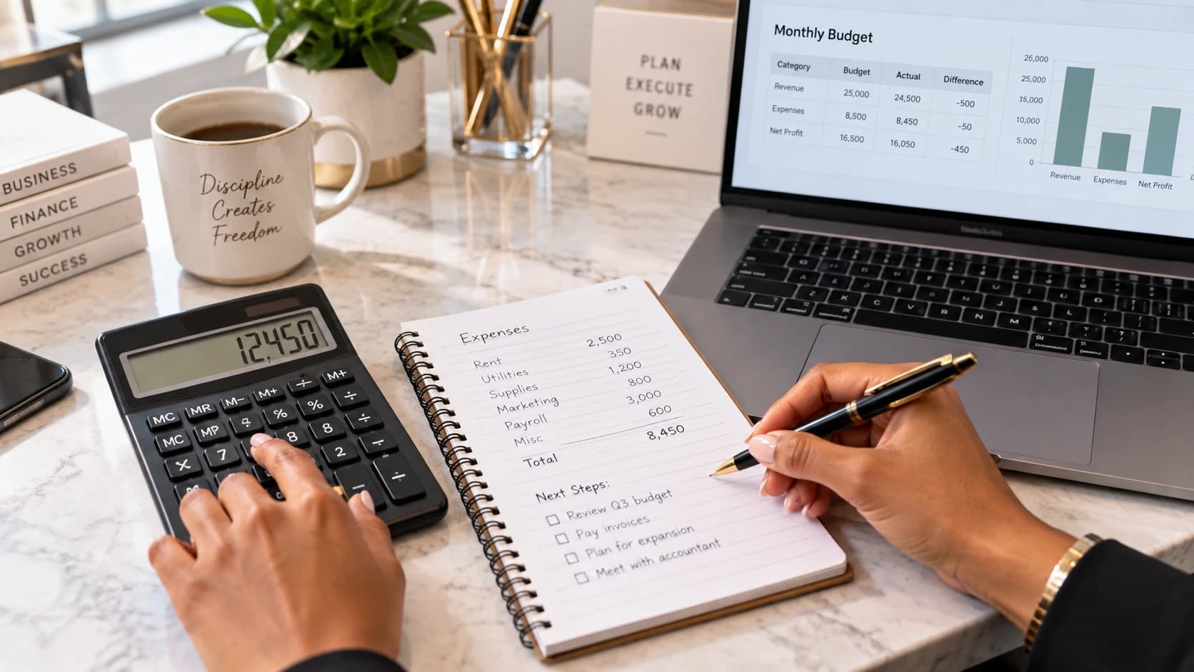 A business owner using a calculator to plan her pricing